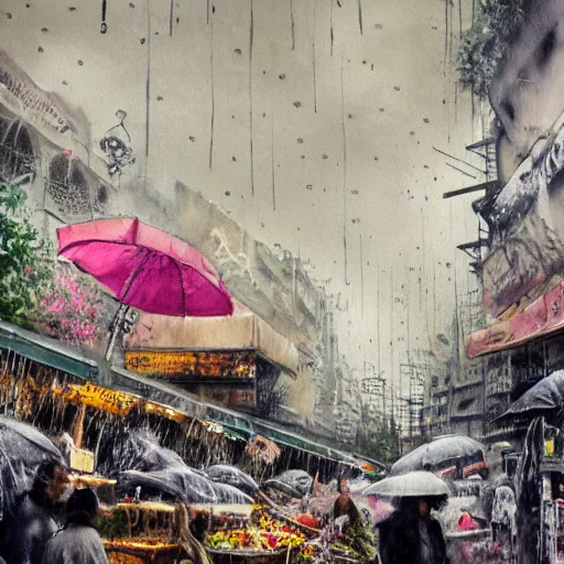 Image similar to hyper realistic an detailed epic concept matte art painting of a food market festival by banksy, carne griffiths and monet. Street photography. Watercolor finishing. rainy day.
