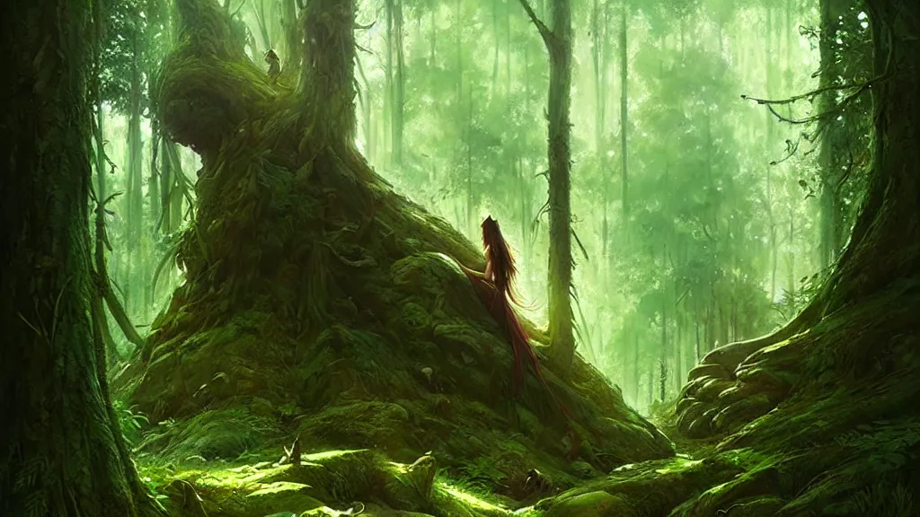 Prompt: a queen of the forest, lost in the forest, detailed digital art by greg rutkowski.