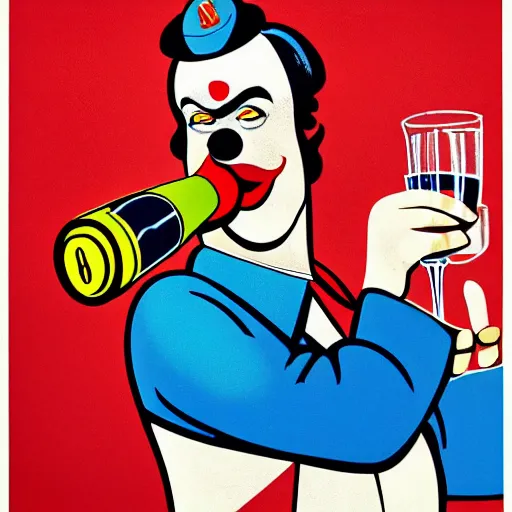 Prompt: communist clown drinking champagne, soviet propaganda, vivid colors, poster art style, detailed image, saturated colors, dominating red, detailer portrait, male face, very happy