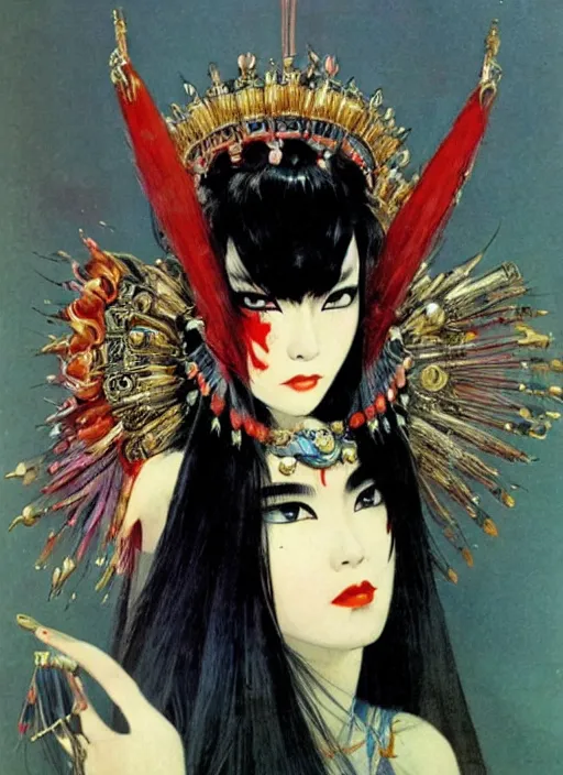 Image similar to female korean vampiress, jeweled headdress, heavy mascara, strong line, saturated color, beautiful! coherent! by frank frazetta, high contrast, minimalism