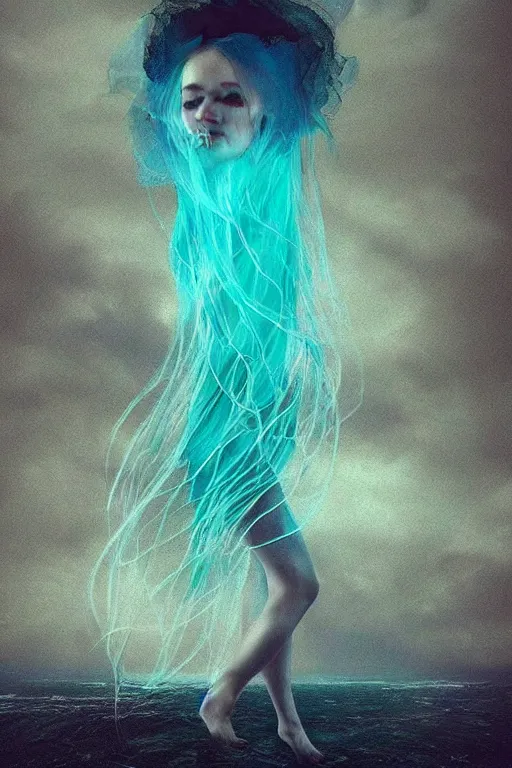 Prompt: A beautiful woman merged with a jellyfish, concept art, atmospheric, photography, magical atmosphere