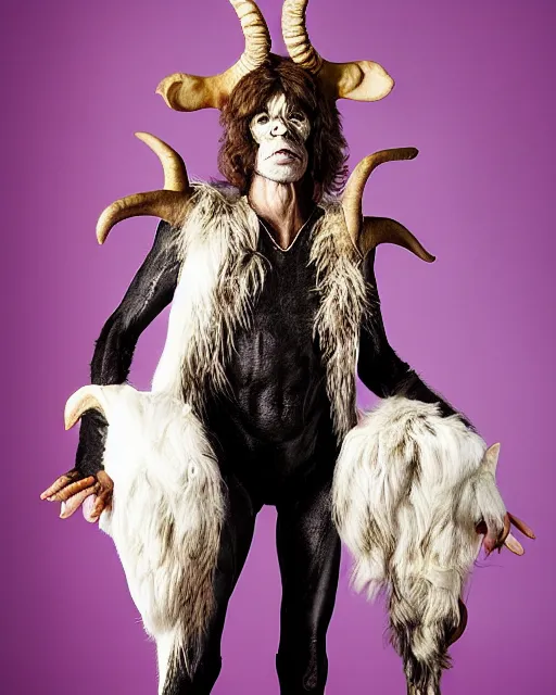 Image similar to actor Mick Jagger in Elaborate Pan Satyr Goat Man Makeup and prosthetics with large goat ears designed by Rick Baker, Hyperreal, Head Shots Photographed in the Style of Annie Leibovitz, Studio Lighting