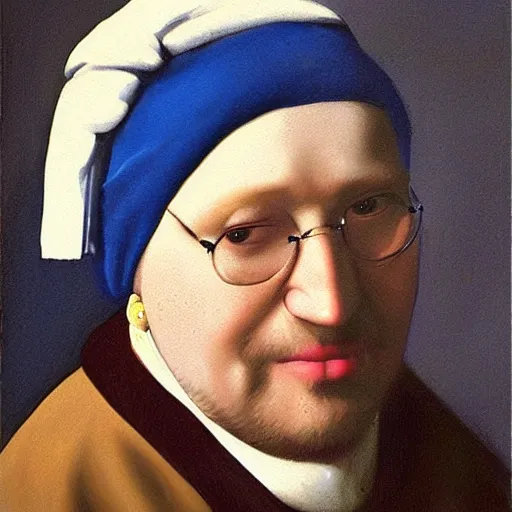 Image similar to Gabe Newell wearing a pearl earring, painting by Johannes Vermeer