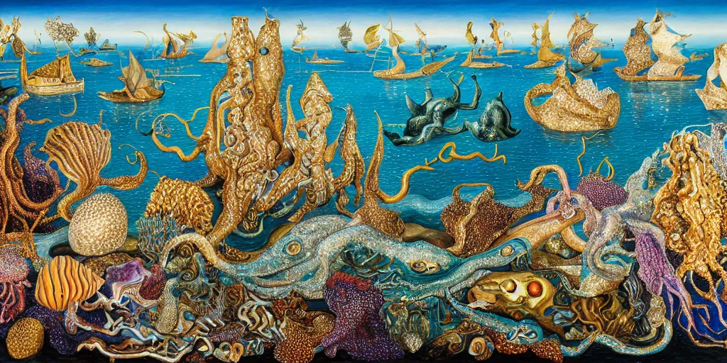 Image similar to sea creatures | shimmery, glittery, metallic, complex, intricate, textured | wide open vista view | gouche on paper by salvador dali by raqib shaw | 8 k