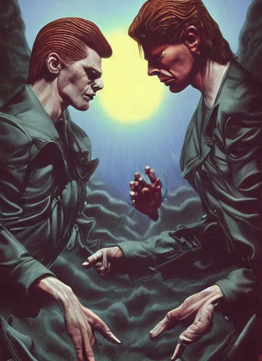 Prompt: twin peaks poster art, david bowie fighting his doppelganger gemini good and evil fantasy by, wayne barlowe, old retro pulp, by michael whelan, rossetti bouguereau, artgerm, nostalgic, old fashioned