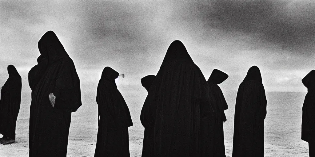 Prompt: black robed and hooded people point towards the viewer in a circle calling forth an eldritch horror, old film, 35mm film, found film, scary, ominous, frightening, ghastly, photorealistic