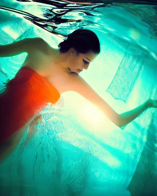 Image similar to photo of beautiful woman underwater during sunrise, flowing fabric, sunrays, elegant, caustics, rippling water, photoshoot, haunting, iconic, masterpiece, sharp focus, art by trending on artstation