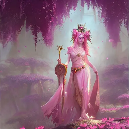 Image similar to Lotus floral crown girl, pink Lotus queen, epic fantasy style art by Craig Mullins, fantasy epic digital art, epic fantasy card game art by Greg Rutkowski