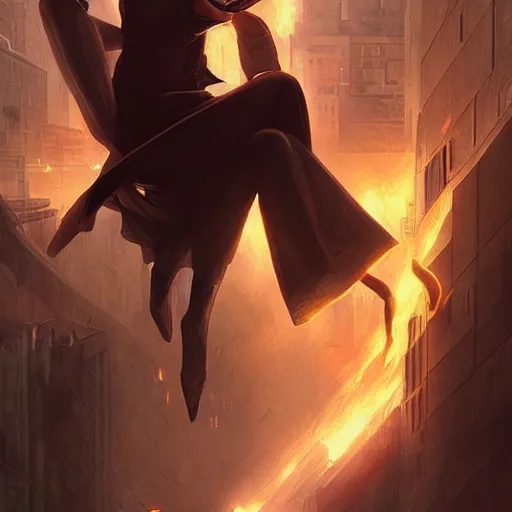 Image similar to Neo from Matrix escaping exploding building, highly detailed, digital painting, artstation, concept art, sharp focus, illustration, art by artgerm and greg rutkowski and alphonse mucha