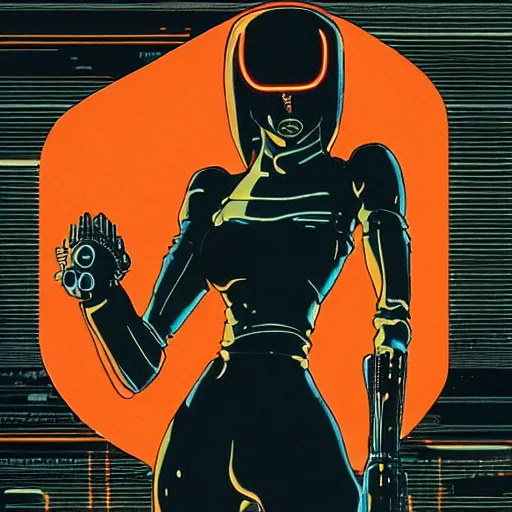 Image similar to bladerunner women wearing a black or orange jumpsuit and a biomechanical mask with glowing eyes in the style of akira, dynamic pose, smooth, sharp focus, hat lines, filmgrain, zeiss lens, 9 0 s anime,