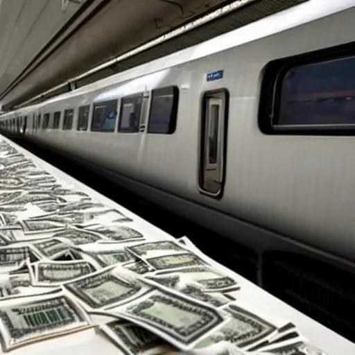 Prompt: Deutsche Bahn train, piles of money