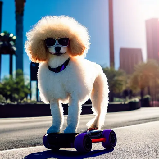 Prompt: fluffy poodle traveling on a hoverboard in las vegas, [ 4 k photorealism ]!!, trending on unsplash