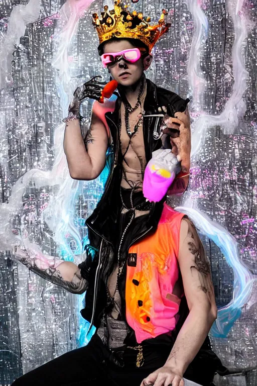 Prompt: full-body rococo and cyberpunk style neon statue of a young attractive Rafael Garcia wearing cholo shades macho dotado e rico android sim roupa reclining con las piernas abertas e la piroca dura, ethereal white dripping tar, glowing orange lasers, pink tigers, glowing eyes, silver prince crown, black gears, pink diamonds, swirling mint-colored silk fabric. futuristic elements. full-length view. human skulls. large intricate artwork by caravaggio. Trending on artstation, octane render, cinematic lighting from the right, hyper realism, octane render, 8k, depth of field, 3D