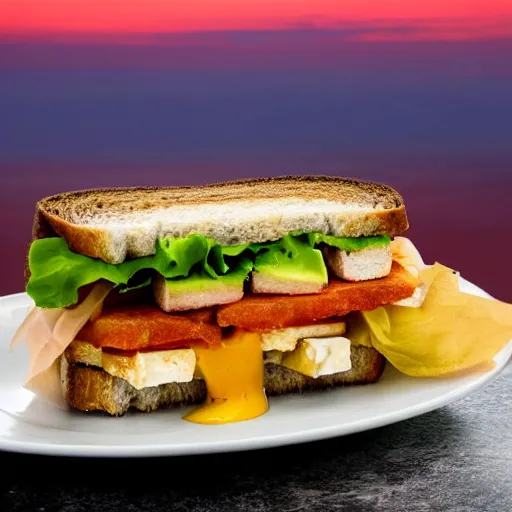 Image similar to sandwich with fried tofu, also tomato, onion, avocado and cheddar, over a dish and over a table, sunset background with saturn in the sky, studio photo, amazing light