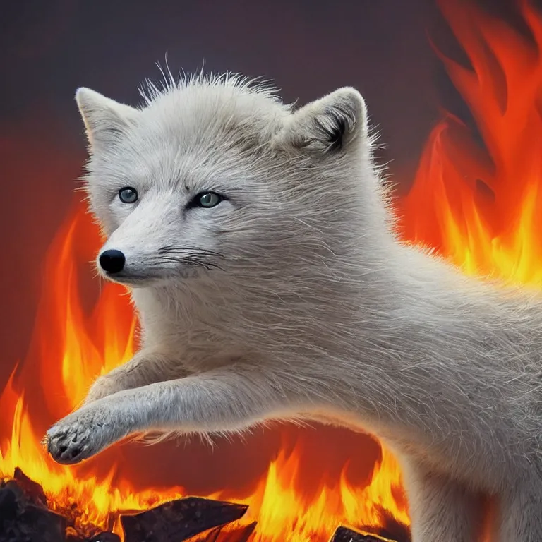 Image similar to surrealistic arctic fox surrounded by fire and ice and destruction in the center of world photorealistic hyperrealistic symmetrical detailed fractal