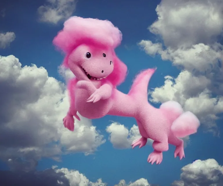 Image similar to a cute little dinosaur, cotton candy, fluffy clouds