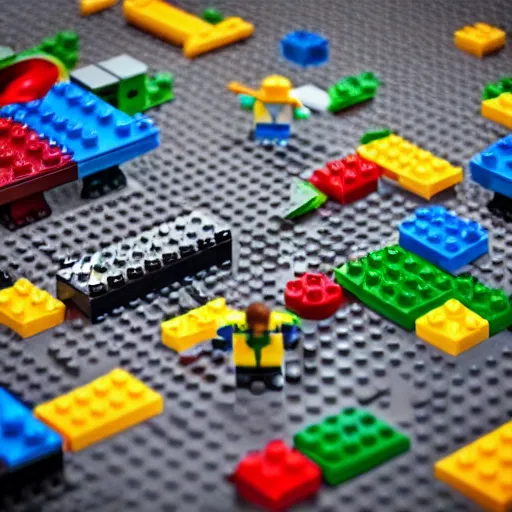 Prompt: mini lego war in the city, photorealistic, highly detailed, sharp focus, vivid, symmetrical, random, convoluted, mind - blowing, creative, fully functional, physics defying, amazing, cool, atmospheric