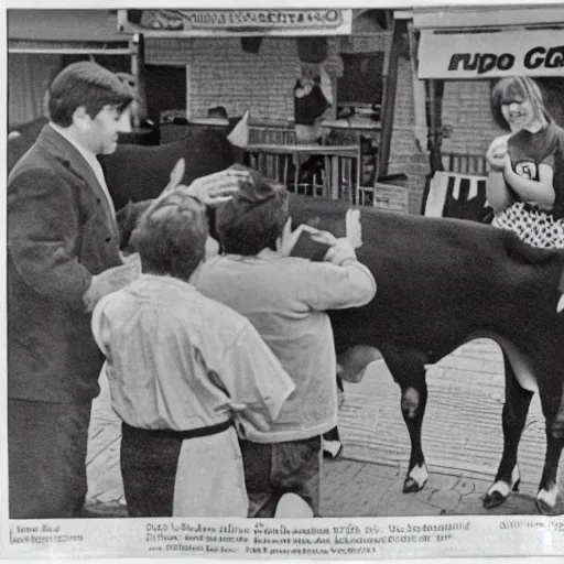 Image similar to cow pie eating contest, newspaper photograph