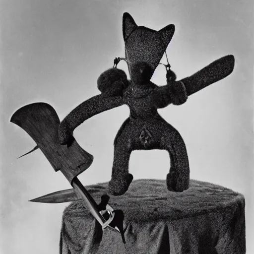 Image similar to anthropomorphic fox multi-jointed puppet who is a medieval knight holding a sword towards a stormy thundercloud, 1930s film still