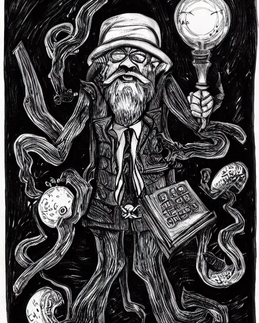 Image similar to miskatonic scholar, black ink on paper, trending on artstation