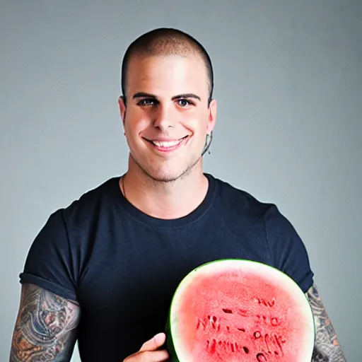 Image similar to portrait photo of matt shadows holding a watermelon, color, studio lighting