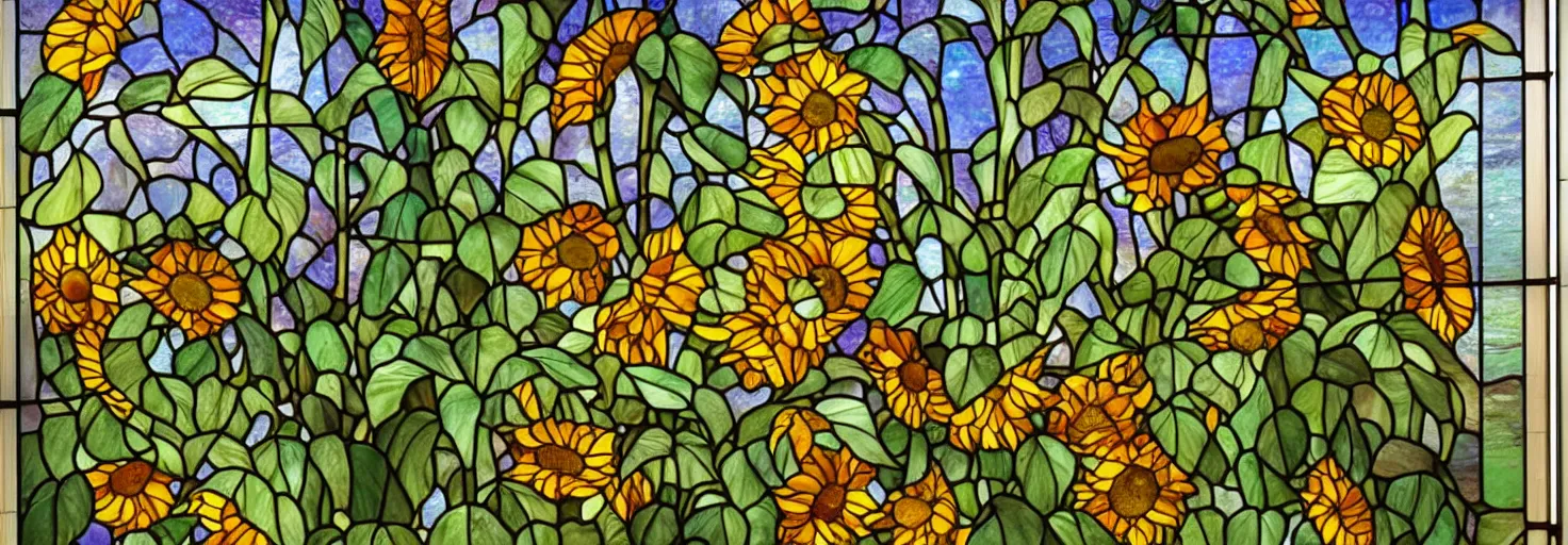 Prompt: a beautiful stained glass window depicting sunflowers by louis comfort tiffany