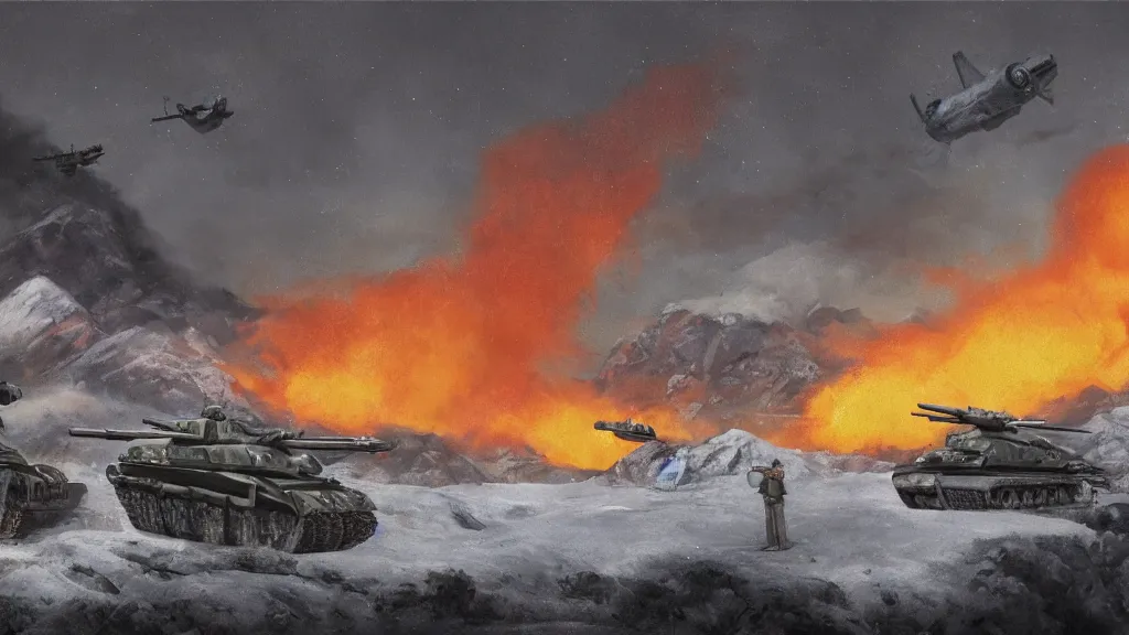 Image similar to snowy mountain, second world war fighting against ufo, aliens, tanks, jet fighters, missiles, with anti aircraft guns, with fire and smoke in the background by eugene von guerard, ivan shishkin, dramatic lighting, concept art, trending on artstation, 8 k