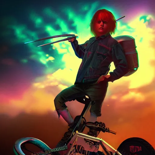 Prompt: 80's heavy metal kid, illustration, artgerm, octane render, inspired by Greg rutkowski, colorful, studio lighting, full body,