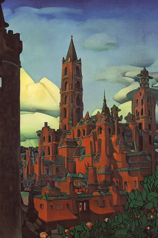 Image similar to view of the old tower and its gardens after a storm, tall windows lit up, beautiful ornamental architecture, dramatic cinematic lighting, rich colors, by Nicholas Roerich and and Caspar David Friedrich and April Gornik and William Dyce and ((Diego Rivera)), smooth, sharp focus, extremely detailed, featured on artstation