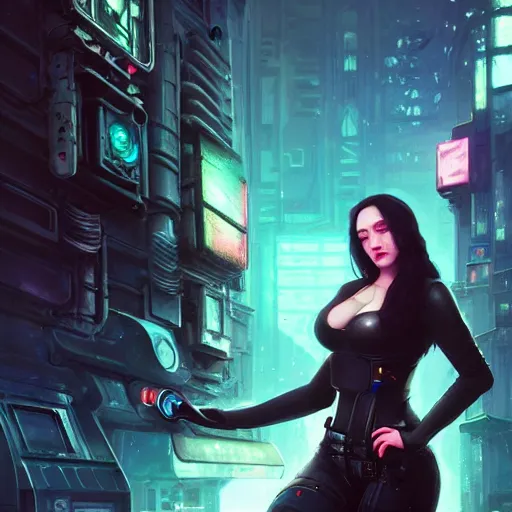 Image similar to highly detailed kat dennings, as a cyberpunk character, stephen bliss, unreal engine, fantasy art by greg rutkowski, loish, rhads, ferdinand knab, makoto shinkai and lois van baarle, ilya kuvshinov, rossdraws, tom bagshaw, global illumination, radiant light, detailed and intricate environment