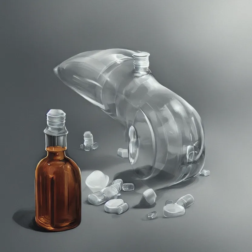 Prompt: concept art of a porsche white liquid dietary supplement in a transparent bottle with big black sticker on it, by aenaluck, artgerm and roberto ferri and greg rutkowski, light blue and white tones, digital painting, artstation, concept art, smooth, sharp foccus ilustration hq