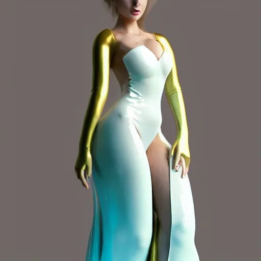 Prompt: an elegant curvy feminine pale goth cutie wearing an elaborate tight latex-nylon-leather white-cyan-gold tube gown, thin waist, cgsociety, photorealistic, sublime comforting ambience, 16k, smooth, sharp focus, trending on ArtStation, volumetric lighting, worksafe