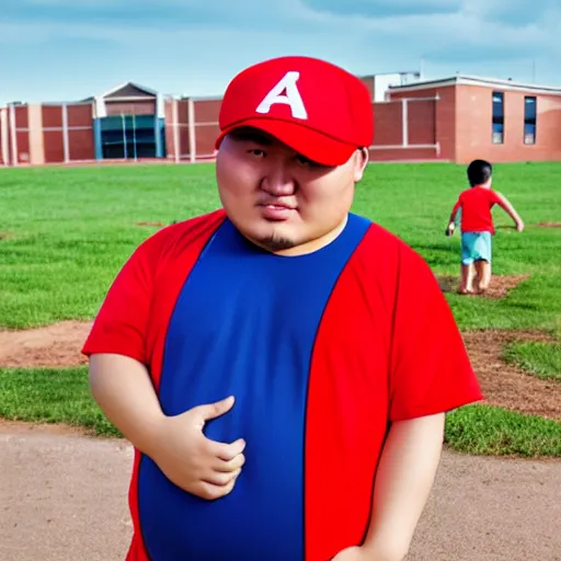 Image similar to fat kazakh guy in a red baseball cap teaching kids in school