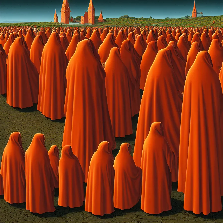 Prompt: medieval nuns are worshipping a giant orange ; detailed illustration ; digital art ; peter elson