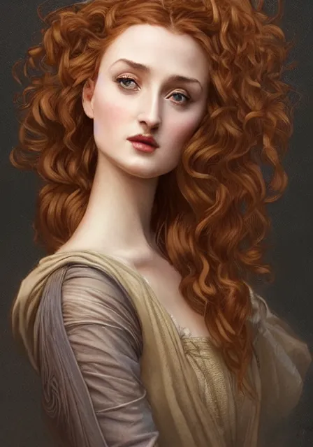 Prompt: sansa portrait in profile with a complex hairstyle with lots of curls, intricate, elegant, highly detailed, digital painting, artstation, concept art, smooth, sharp focus, illustration, art by artgerm and greg rutkowski and alphonse mucha and william - adolphe bouguereau