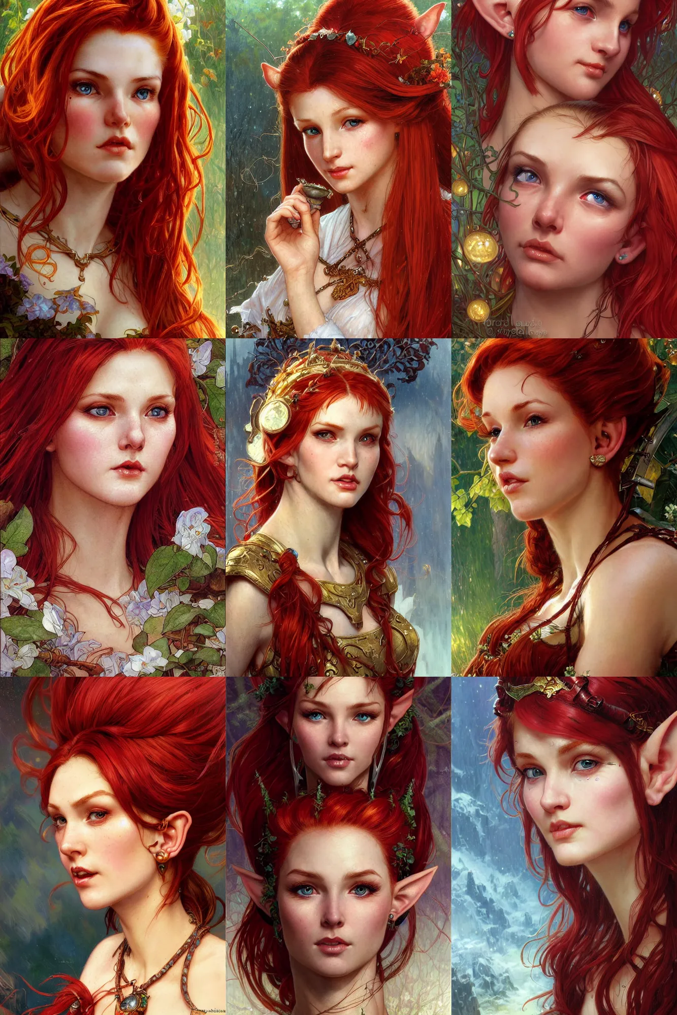 Prompt: alluring highly detailed closeup portrait of beautiful elf woman with red hair, very detailed face and ears, realistic, card, by Stanley Artgerm Lau, greg rutkowski, thomas kindkade, alphonse mucha, loish, norman rockwell J.