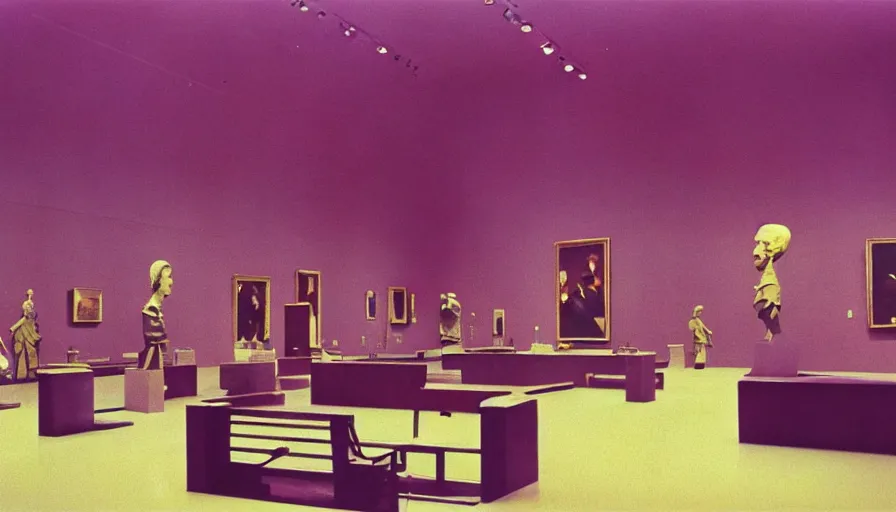 Image similar to 60s movie still of a sovietic stalinist style empty art museum with a soviet congress with yellow wall, LOMOCHROME PURPLE FILM 100-400 35MM, liminal Space style, heavy grain