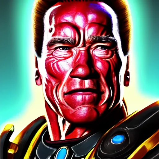 Image similar to a screenshot of arnold schwarzenegger as zenyatta in overwatch, portrait, fantasy, beautiful face, vivid colors, elegant, concept art, sharp focus, digital art, hyper - realistic, 4 k, unreal engine, highly detailed, hd, dramatic lighting by brom, trending on artstation