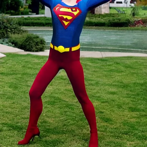 Image similar to emma watson in a superman costume doing a split