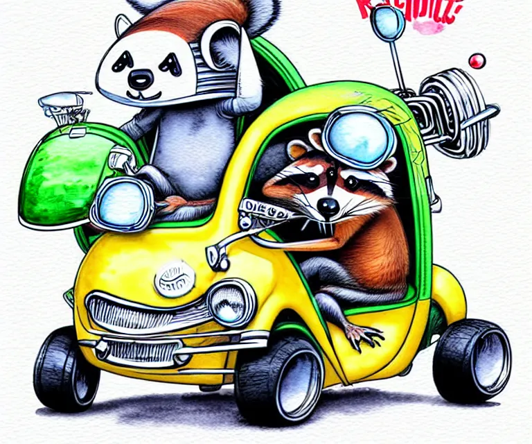 Image similar to cute and funny, racoon wearing a helmet riding in a tiny hot rod golf cart with oversized engine, ratfink style by ed roth, centered award winning watercolor pen illustration, isometric illustration by chihiro iwasaki, edited by range murata