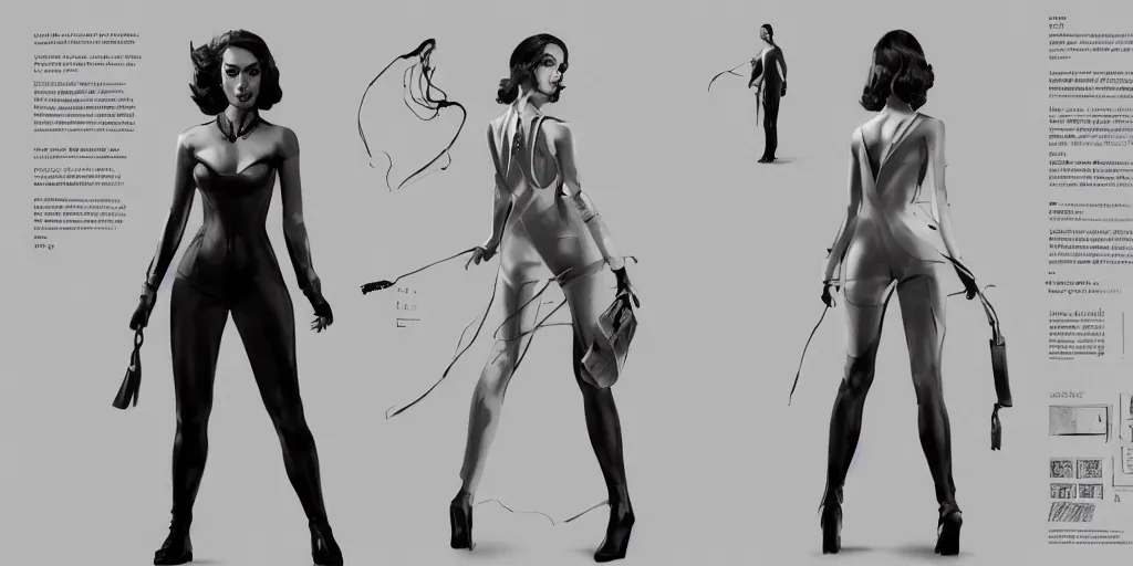 Image similar to film noir woman, character sheet, concept design, contrast, hot toys, kim jung gi, greg rutkowski, zabrocki, karlkka, jayison devadas, trending on artstation, 8 k, ultra wide angle, pincushion lens effect