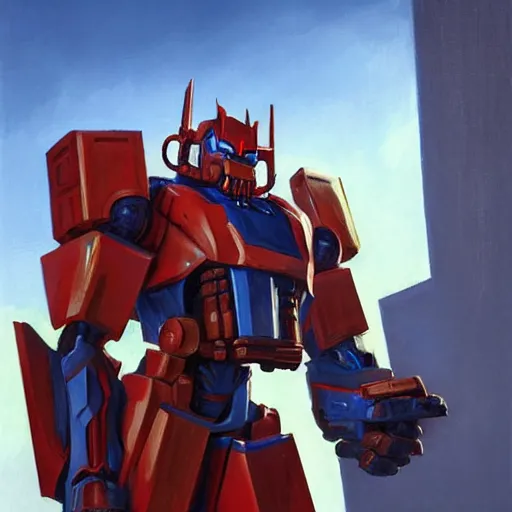 Image similar to greg manchess portrait painting of optimus prime the transformer as overwatch character, medium shot, asymmetrical, profile picture, organic painting, sunny day, matte painting, bold shapes, hard edges, street art, trending on artstation, by huang guangjian, gil elvgren, ruan jia, greg rutkowski, gaston bussiere