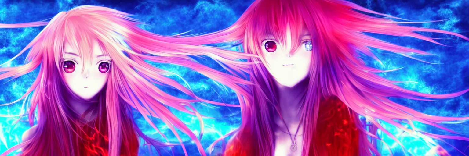 Prompt: glitched background, broken screen, advanced digital anime art, a very cute gorgeous teenage girl with a body made of fire and ice , full body, very long snow colored hair, sky blue highlights in hair, red fiery watery eyes, wearing a dress made of water, full round face, dramatic cinematic lighting, wideshot, highly intricately detailed, trending on pixiv, Artstation, painted by Rossdraws and the style of Sakimimichan