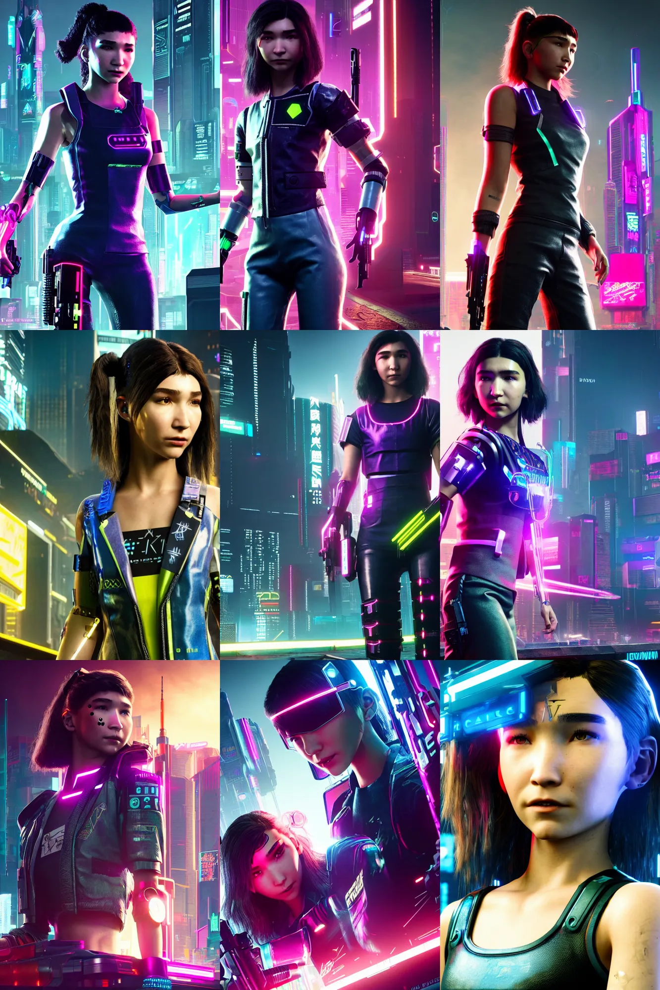 Prompt: Rowan Blanchard as cyber girl in Cyberpunk 2077. In game render