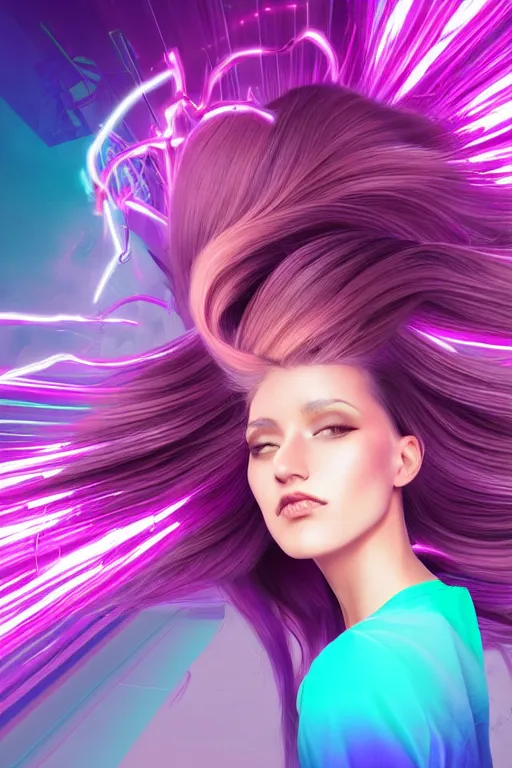 Image similar to a award winning half body portrait of a beautiful woman in a croptop and cargo pants with ombre purple pink teal hairstyle with head in motion and hair flying, surrounded by whirling illuminated lines, outrun, vaporware, shaded flat illustration, digital art, trending on artstation, highly detailed, fine detail, intricate