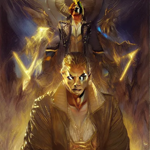 Image similar to attractive male deity casts light spell, summons attractive male lucifer morningstar. highly detailed painting by gaston bussiere, craig mullins, j. c. leyendecker 8 k