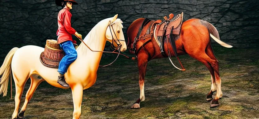 Image similar to “ luffy riding horse, side shot, 8 k resolution, high detailed ”