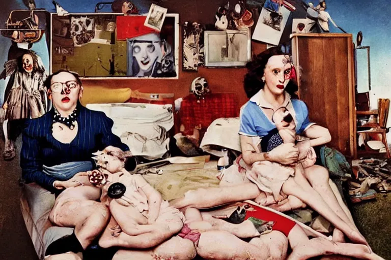 Prompt: color joel peter witkin photo of 1 9 5 0 s suburban family, capitalist propaganda meets body horror, patriotic nihilism, annie liebovitz, bosch, pixar