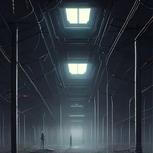 Prompt: professional ominous concept art architecture of a black metalic room with cables hanging from the ceiling by artgerm and greg rutkowski. an intricate, elegant, highly detailed digital painting, concept art, smooth, sharp focus, illustration, in the style of simon stalenhag, wayne barlowe, and igor kieryluk. ( low camera angle )