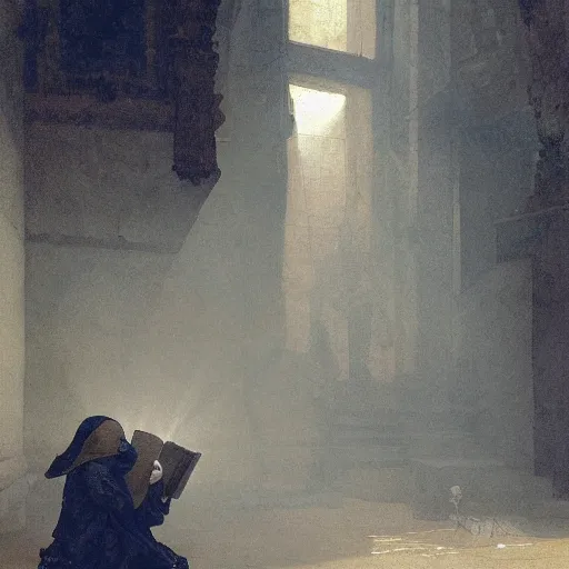 Prompt: half portait of monk wearing a closed cowl and big old book! chained to the wrist, jeremy mann, jean - leon gerome, tiepolo, alphonse mucha, greg rutkowski, face in the shadows, ( ( ruins of ancient rome ) ), at dusk, mysterious atmosphere, sunrays, dof, high detailed, 8 k